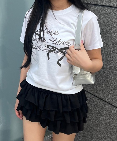 fiere(フィエール)の「リボンガーリーショート丈半袖Tシャツ(Tシャツ/カットソー・レディース・ホワイト・X-SMALL)」の3枚目の写真