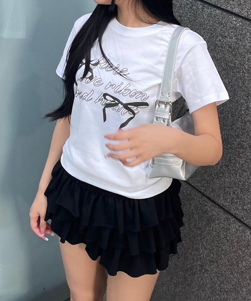 fiere(フィエール)の「リボンガーリーショート丈半袖Tシャツ(Tシャツ/カットソー・レディース・ホワイト・X-SMALL)」の5枚目の写真