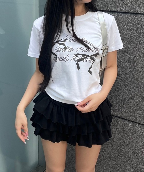 fiere(フィエール)の「リボンガーリーショート丈半袖Tシャツ(Tシャツ/カットソー・レディース・ホワイト・X-SMALL)」の6枚目の写真