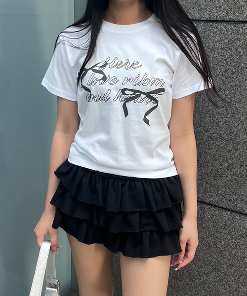 fiere(フィエール)の「リボンガーリーショート丈半袖Tシャツ(Tシャツ/カットソー・レディース・ホワイト・X-SMALL)」の7枚目の写真