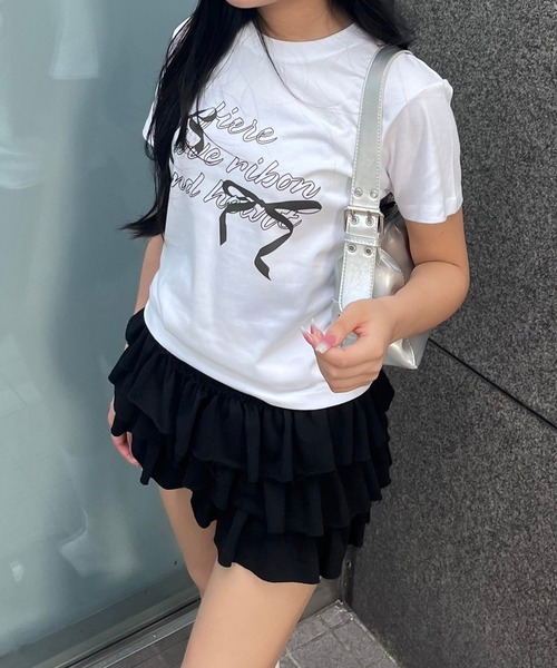 fiere(フィエール)の「リボンガーリーショート丈半袖Tシャツ(Tシャツ/カットソー・レディース・ホワイト・X-SMALL)」の8枚目の写真