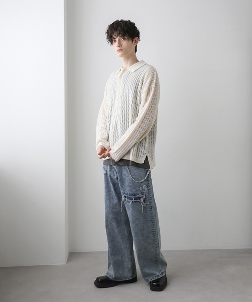 セール】ASTRONOMY/メッシュヘンリーネックハーフボタンニット長袖