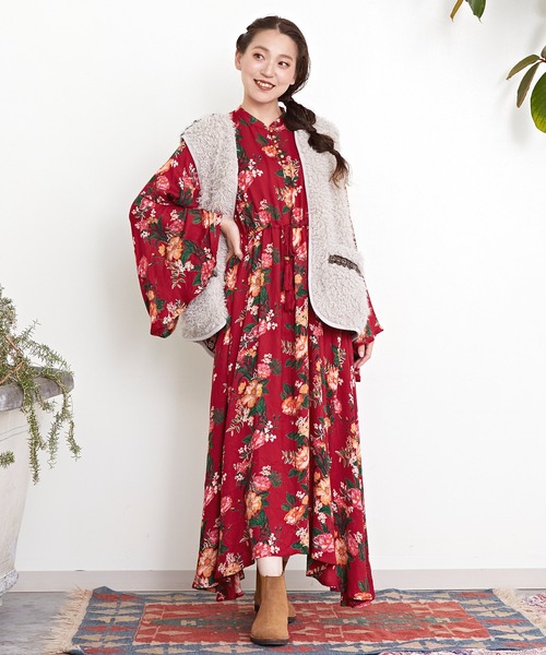 TYX レッド フレアスリーブ ワンピース フレアスリーブティアード