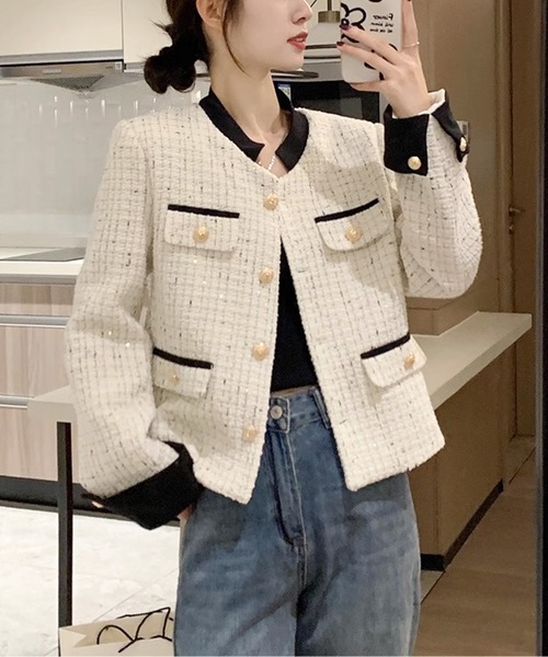 フラップ付きバイカラーツイードジャケット（ノーカラージャケット）｜AMAJI（アマジ）