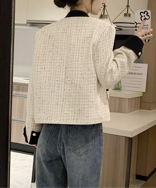 AMAJI(アマジ)の「フラップ付きバイカラーツイードジャケット(ノー AMAJI(アマジ)の「フラップ付きバイカラーツイードジャケット(ノー