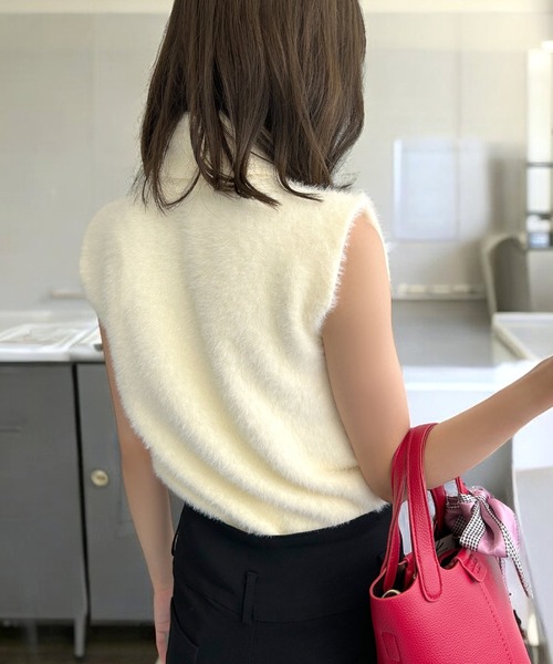 ニット セーター ふわふわシャギー タートルネック ノースリーブニットトップス レディース ふわふわシャギー タートルネック ノースリーブニットトップス