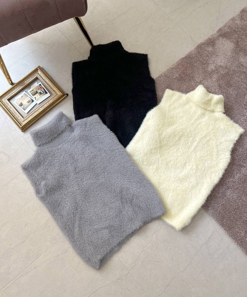 ニット セーター ふわふわシャギー タートルネック ノースリーブニットトップス レディース Julia Boutique ニット セーター ふわふわシャギー