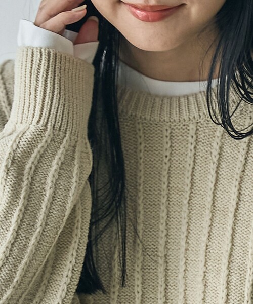 セール】【毛玉抑制/帯電防止】チェーンストライプクルーネックニット