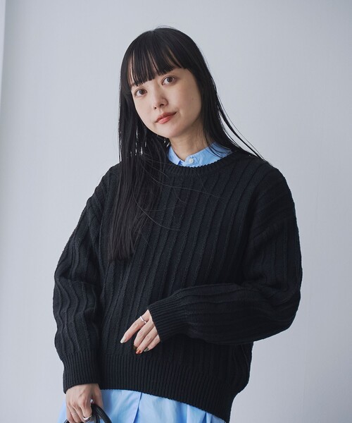セール】【毛玉抑制/帯電防止】チェーンストライプクルーネックニット
