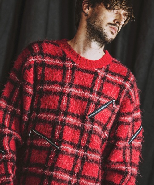 NO ID.（ノーアイディ）の「【NO ID.】Zip Check Knit Big Pullover / ジップ チェック ニット ビッグ プルオーバー（ニット/セーター・メンズ・レッド/ブラック/ブルー・ONE SIZE）」の3枚目の写真