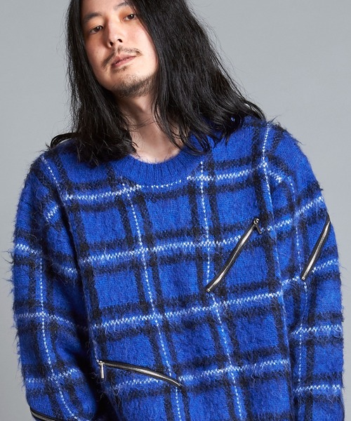 NO ID.（ノーアイディ）の「【NO ID.】Zip Check Knit Big Pullover / ジップ チェック ニット ビッグ プルオーバー（ニット/セーター・メンズ・レッド/ブラック/ブルー・ONE SIZE）」の2枚目の写真