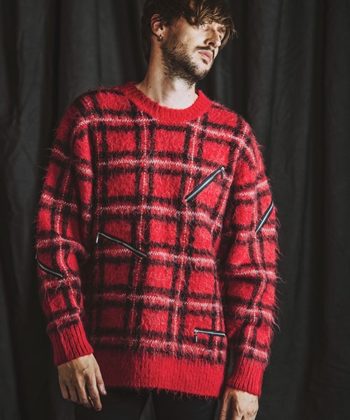 NO ID.（ノーアイディ）の「【NO ID.】Zip Check Knit Big Pullover / ジップ チェック ニット ビッグ プルオーバー（ニット/セーター・メンズ・レッド/ブラック/ブルー・ONE SIZE）」の19枚目の写真