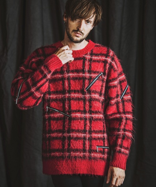 NO ID.（ノーアイディ）の「【NO ID.】Zip Check Knit Big Pullover / ジップ チェック ニット ビッグ プルオーバー（ニット/セーター・メンズ・レッド/ブラック/ブルー・ONE SIZE）」の21枚目の写真