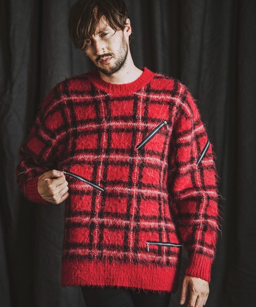 NO ID.（ノーアイディ）の「【NO ID.】Zip Check Knit Big Pullover / ジップ チェック ニット ビッグ プルオーバー（ニット/セーター・メンズ・レッド/ブラック/ブルー・ONE SIZE）」の22枚目の写真