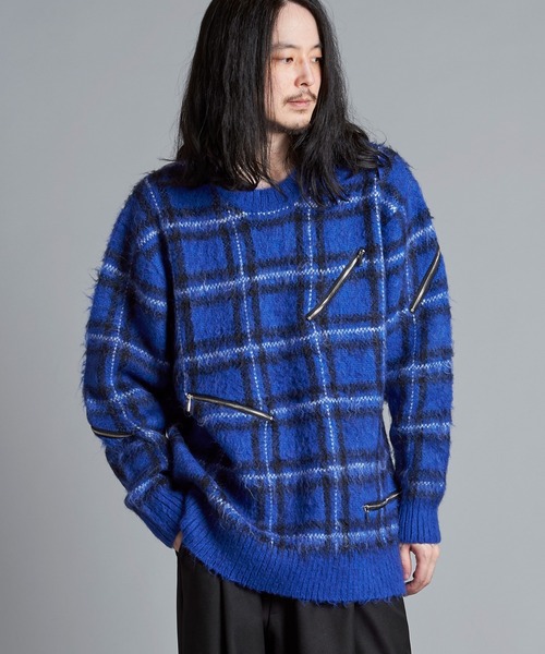 NO ID.（ノーアイディ）の「【NO ID.】Zip Check Knit Big Pullover / ジップ チェック ニット ビッグ プルオーバー（ニット/セーター・メンズ・レッド/ブラック/ブルー・ONE SIZE）」の7枚目の写真