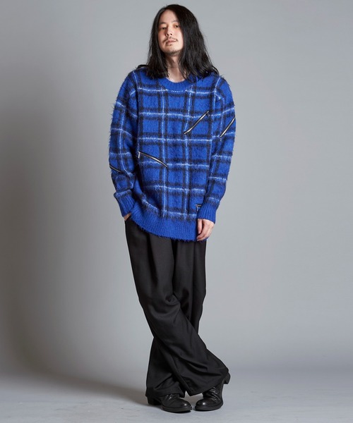 NO ID.（ノーアイディ）の「【NO ID.】Zip Check Knit Big Pullover / ジップ チェック ニット ビッグ プルオーバー（ニット/セーター・メンズ・レッド/ブラック/ブルー・ONE SIZE）」の9枚目の写真