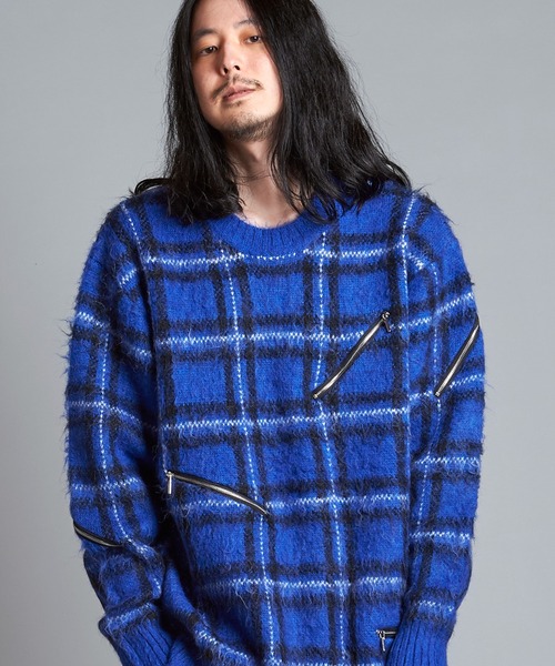 NO ID.（ノーアイディ）の「【NO ID.】Zip Check Knit Big Pullover / ジップ チェック ニット ビッグ プルオーバー（ニット/セーター・メンズ・レッド/ブラック/ブルー・ONE SIZE）」の4枚目の写真