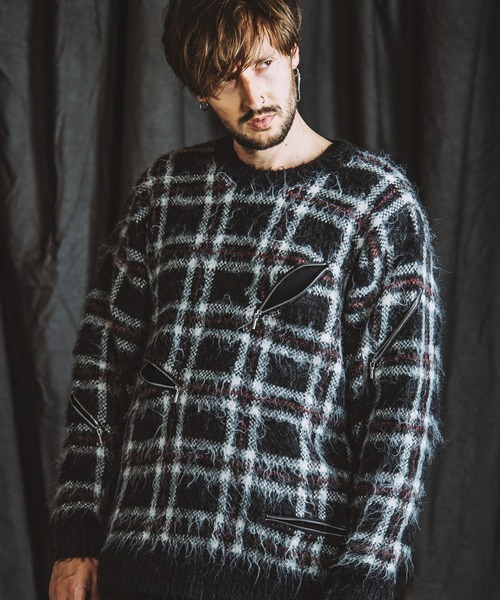 NO ID.（ノーアイディ）の「【NO ID.】Zip Check Knit Big Pullover / ジップ チェック ニット ビッグ プルオーバー（ニット/セーター・メンズ・レッド/ブラック/ブルー・ONE SIZE）」の5枚目の写真
