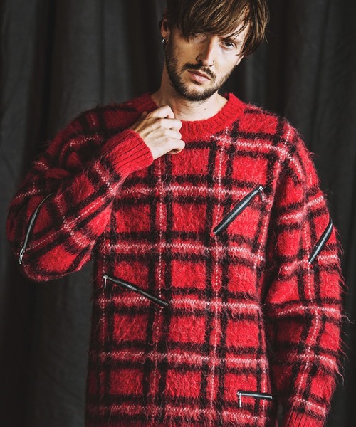 NO ID.（ノーアイディ）の「【NO ID.】Zip Check Knit Big Pullover / ジップ チェック ニット ビッグ プルオーバー（ニット/セーター・メンズ・レッド/ブラック/ブルー・ONE SIZE）」の6枚目の写真