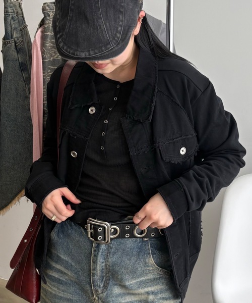 SHAGGIE（シャギー）の「カットオフ切り替え裏毛スウェットジャケット（テーラードジャケット・レディース・グレー/ブラック・FREE）」の7枚目の写真