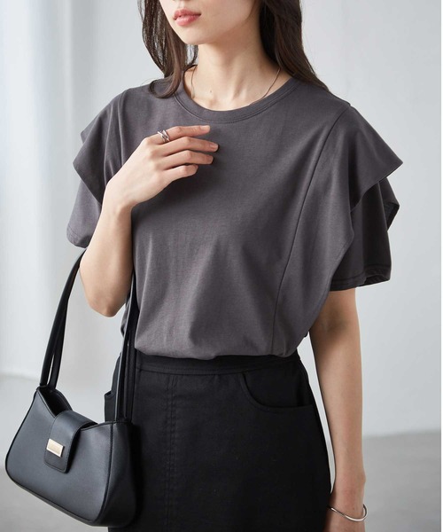 RANAN(ラナン)の「【接触冷感】ラッフルフリルTシャツ(Tシャツ/カットソー・レディース・ブラック/オフホワイト/ベージュ/チャコール/ネイビー・M/LL/L)」の12枚目の写真