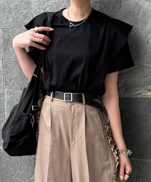 RANAN(ラナン)の「【接触冷感】ラッフルフリルTシャツ(Tシャツ/カットソー・レディース・ブラック/オフホワイト/ベージュ/チャコール/ネイビー・M/LL/L)」の19枚目の写真