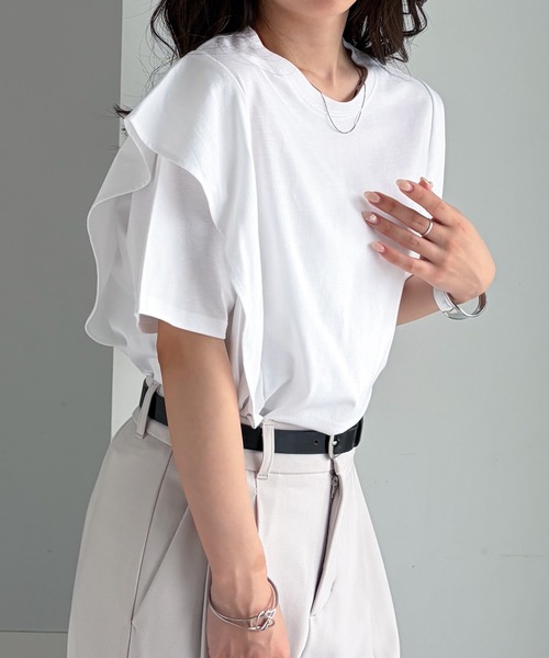 RANAN(ラナン)の「【接触冷感】ラッフルフリルTシャツ(Tシャツ/カットソー・レディース・ブラック/オフホワイト/ベージュ/チャコール/ネイビー・M/LL/L)」の22枚目の写真