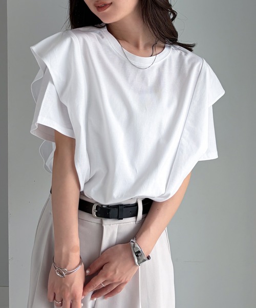 RANAN(ラナン)の「【接触冷感】ラッフルフリルTシャツ(Tシャツ/カットソー・レディース・ブラック/オフホワイト/ベージュ/チャコール/ネイビー・M/LL/L)」の20枚目の写真