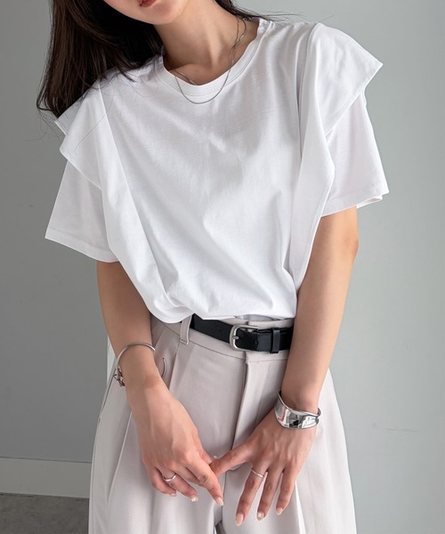 RANAN(ラナン)の「【接触冷感】ラッフルフリルTシャツ(Tシャツ/カットソー・レディース・ブラック/オフホワイト/ベージュ/チャコール/ネイビー・M/LL/L)」の21枚目の写真