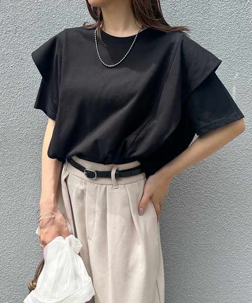 RANAN(ラナン)の「【接触冷感】ラッフルフリルTシャツ(Tシャツ/カットソー・レディース・ブラック/オフホワイト/ベージュ/チャコール/ネイビー・M/LL/L)」の7枚目の写真