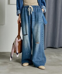 FREAK'S STORE | ウォッシュ加工 ペイント イージーデニムパンツ/ダメージデニム(デニムパンツ)