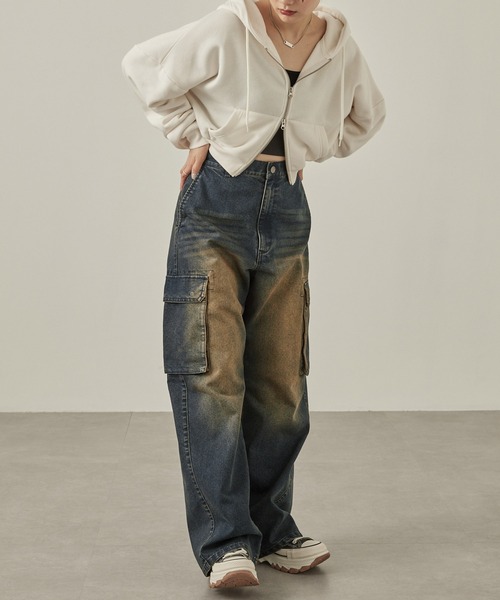 Snap club（スナップクラブ）の「【Snap club】ヴィンテージ加工デニムバレルレッグカーゴパンツ（デニムパンツ・メンズ・インディゴブルー/ブラック・S/M/L）」の7枚目の写真