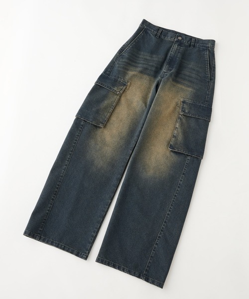 Snap club】ヴィンテージ加工デニムバレルレッグカーゴパンツ（デニム