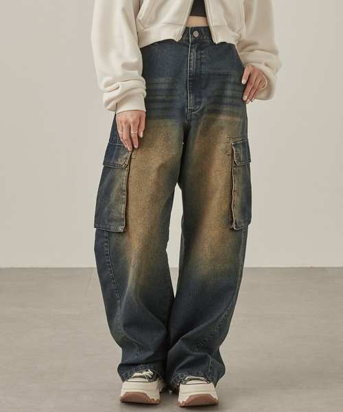 セール】【Snap club】ヴィンテージ加工デニムバレルレッグカーゴ セール】【Snap club】ヴィンテージ加工デニムバレルレッグカーゴ