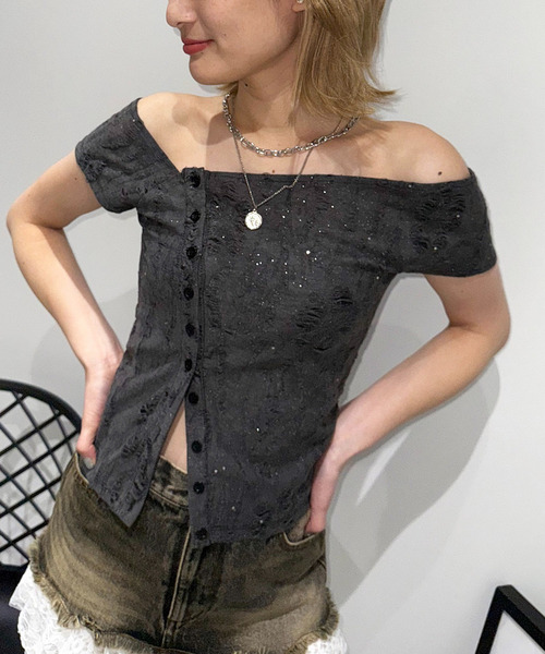 SPIRALGIRL（スパイラルガール）の「ワンショルラメトップス（Tシャツ/カットソー・レディース・ネイビー/ピンク/ブラック・FREE）」の16枚目の写真