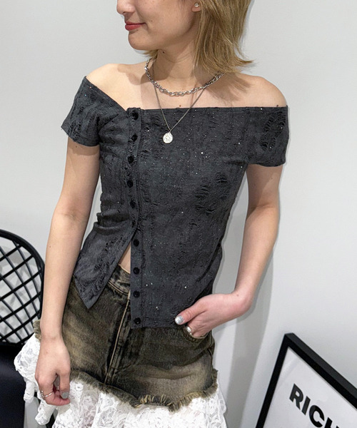 SPIRALGIRL（スパイラルガール）の「ワンショルラメトップス（Tシャツ/カットソー・レディース・ネイビー/ピンク/ブラック・FREE）」の18枚目の写真