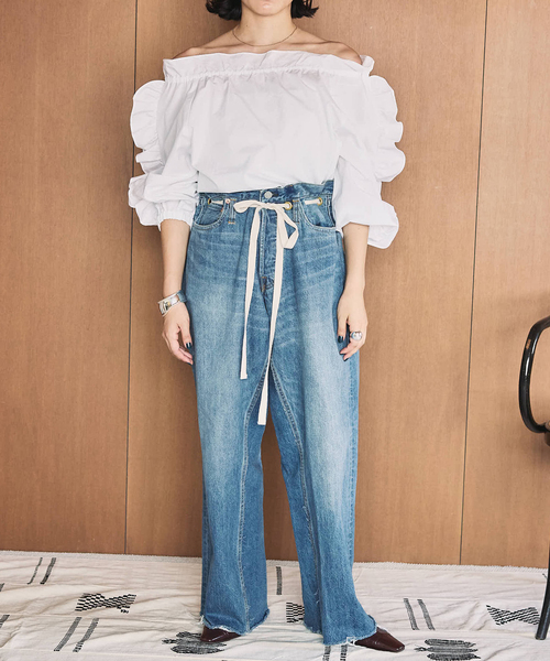 未使用品 BONUM リボンデニムパンツ ブルー ドロストワイドイージーデニムパンツ（デニムパンツ）｜Bonum