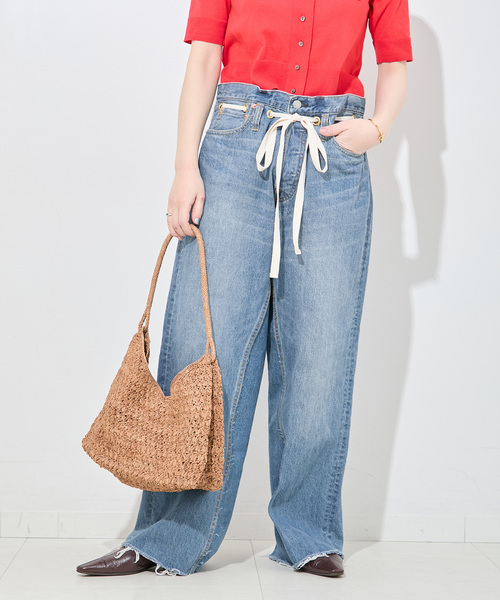 未使用品 BONUM リボンデニムパンツ ブルー ドロストワイドイージーデニムパンツ（デニムパンツ）｜Bonum