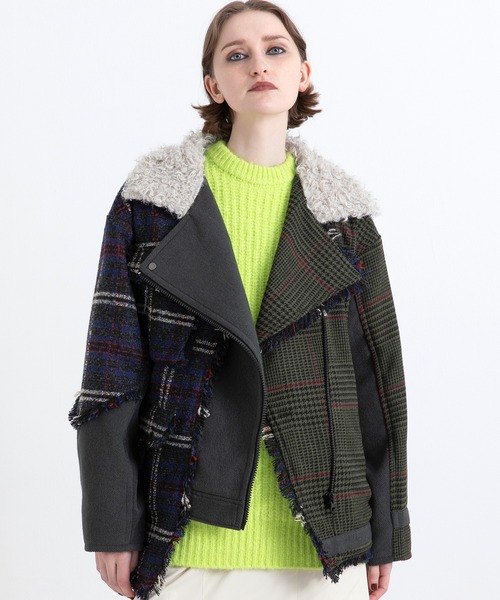 AULA AILA（アウラアイラ）の「チェックコンビネーションブルゾン（ブルゾン・レディース・カーキ/アイボリー/ブラック・0）」の2枚目の写真