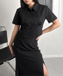 LVEU. | 【LVEU.】ウエストデザイン半袖クロップドシャツ / トップス シャツ 半袖 クロップド ショート 韓国 韓国ファッション ブラック ホワイト ブルー ZOZOTOWN限定(シャツ/ブラウス)