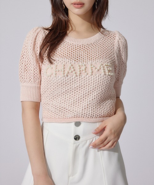 セール】メッシュロゴショートニットトップス 夏服 半袖 サマーニット
