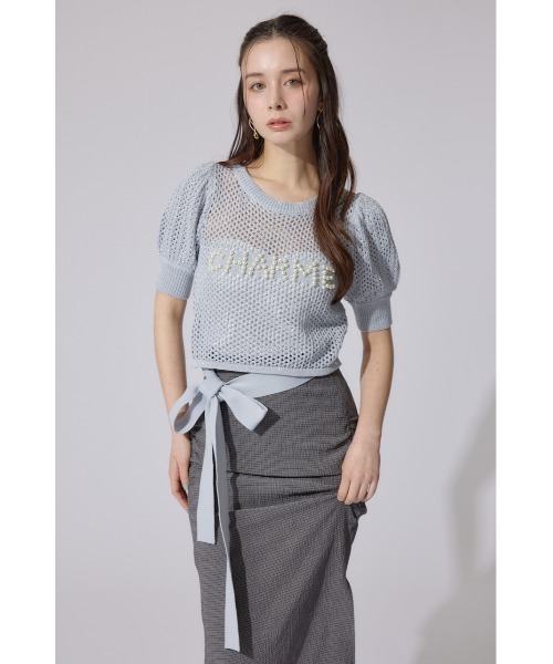 rienda リエンダ　レースコンビリブニットトップス 夏服 半袖 サマーニット セール】レースコンビリブニットトップス 夏服 半袖 サマー