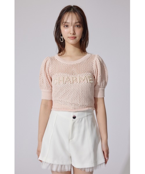rienda(リエンダ)の「メッシュロゴショートニットトップス 夏服 半袖 サマーニット(ニット/セーター・レディース・ライトブルー/ブラック/ライトピンク・FREE)」の5枚目の写真