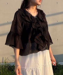 レース使いフレア袖ブラウス 刺繍レース使い フレア袖プルオーバーブラウス 4カラー M L LL