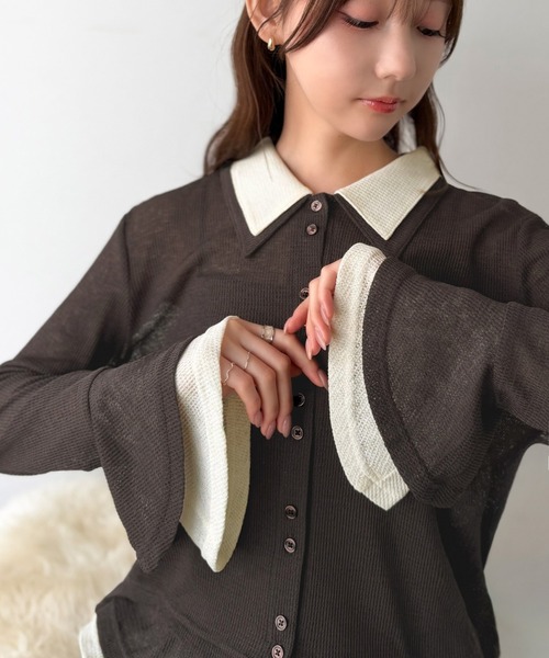 mily bilet(ミウィビレット)の「【mily bilet】ひらりフェミニンに。コーデの主役になる大人の甘さ。レイヤードフリル袖カーディガン(カーディガン/ボレロ・レディース・ブラウン/グレー/アイボリー/ブラック・X-LARGE/SMALL/MEDIUM/LARGE)」の4枚目の写真