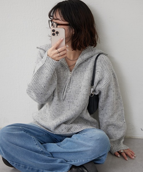 Remind me and forever(リマインドミーアンドフォーエバー)の「ネップ入りハーフジップニット(ニット/セーター・レディース・ベージュ/ブラウン/ピンク/グレー・FREE)」の1枚目の写真