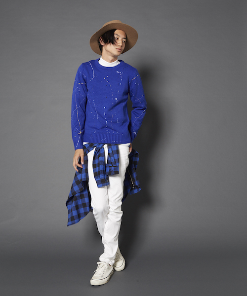 MYE-DO'（マイ・ドゥ）の「ドリッピング クルー ニット セーター（ニット/セーター・メンズ・ネイビー/ホワイト/ブルー/オレンジ・LARGE/MEDIUM）」の5枚目の写真