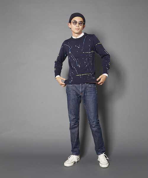 MYE-DO'（マイ・ドゥ）の「ドリッピング クルー ニット セーター（ニット/セーター・メンズ・ネイビー/ホワイト/ブルー/オレンジ・LARGE/MEDIUM）」の18枚目の写真