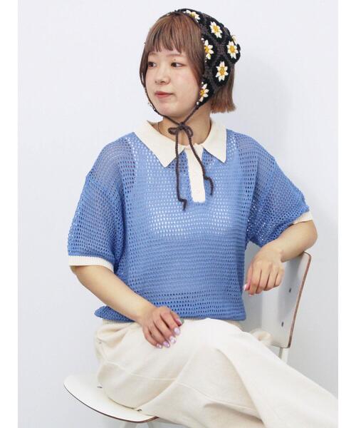 ehka sopo(エヘカソポ)の「バイカラーメッシュニットポロ(ニット/セーター・レディース・オフホワイト/ブラック/サックスブルー/ピンク・F)」の10枚目の写真