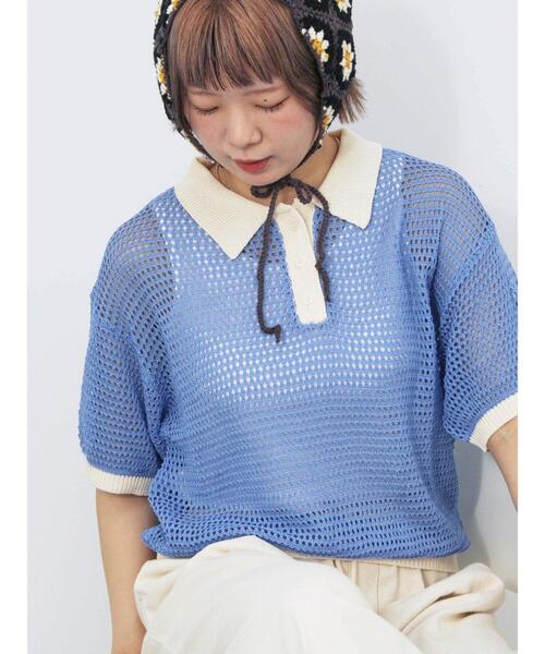ehka sopo(エヘカソポ)の「バイカラーメッシュニットポロ(ニット/セーター・レディース・オフホワイト/ブラック/サックスブルー/ピンク・F)」の11枚目の写真